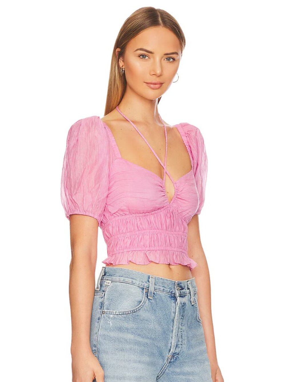 ASTR The Label Tarian Top Pink Ruched Puff Sleeve Blouse